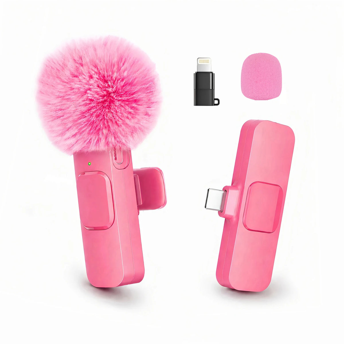 Wireless Lavalier Microphone with Furry Windscreen, Mini Clip-On Mic with Type-C & Lightning Receiver for iPhone, Android, iPad, Tablet & Laptop