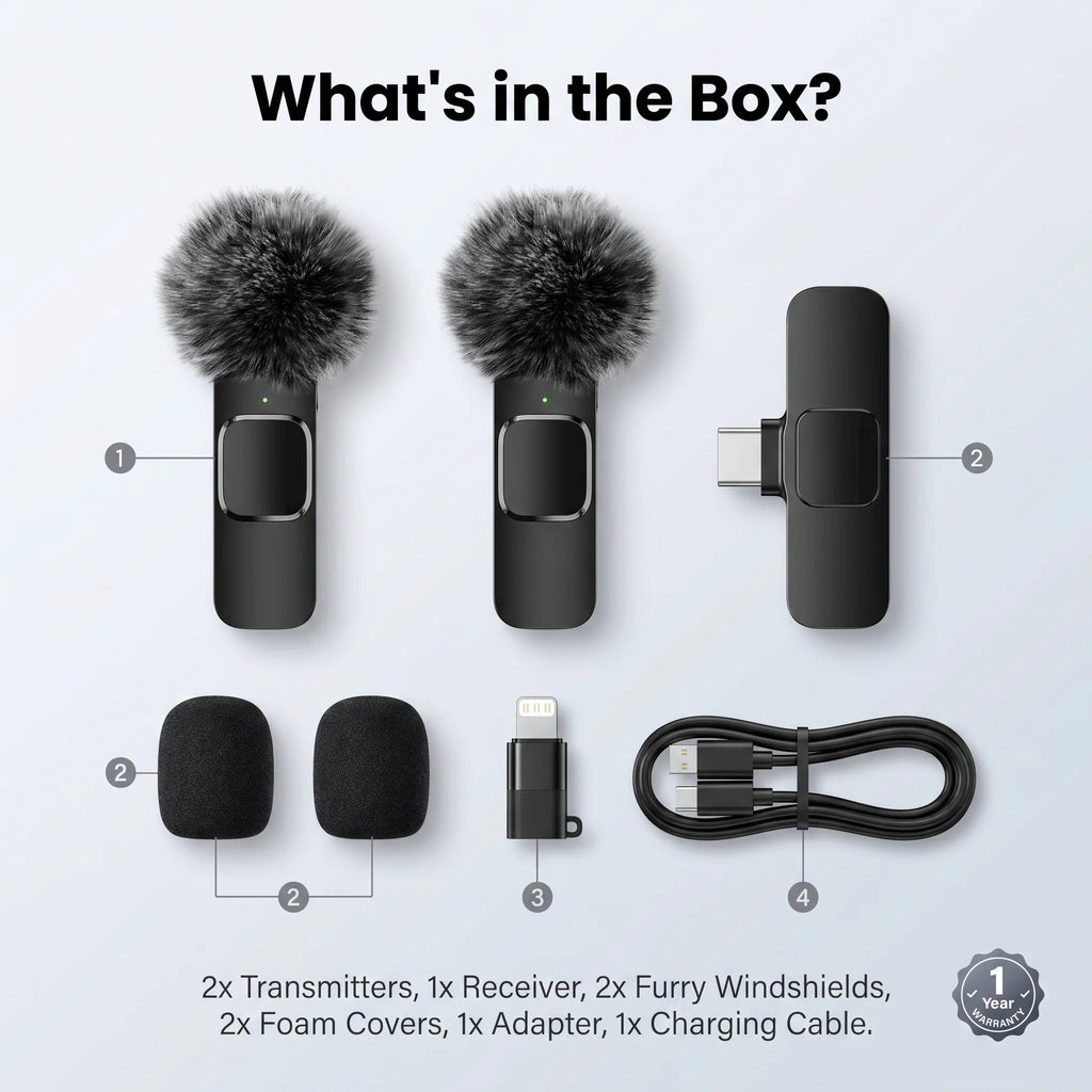 Wireless Lavalier Microphone with Furry Windscreen, Mini Clip-On Mic with Type-C & Lightning Receiver for iPhone, Android, iPad, Tablet & Laptop