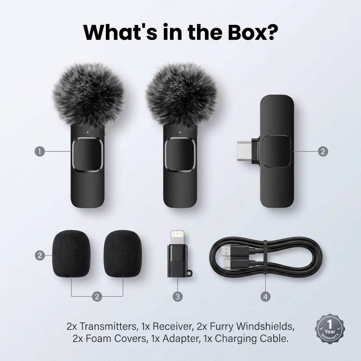 Wireless Lavalier Microphone with Furry Windscreen, Mini Clip-On Mic with Type-C & Lightning Receiver for iPhone, Android, iPad, Tablet & Laptop