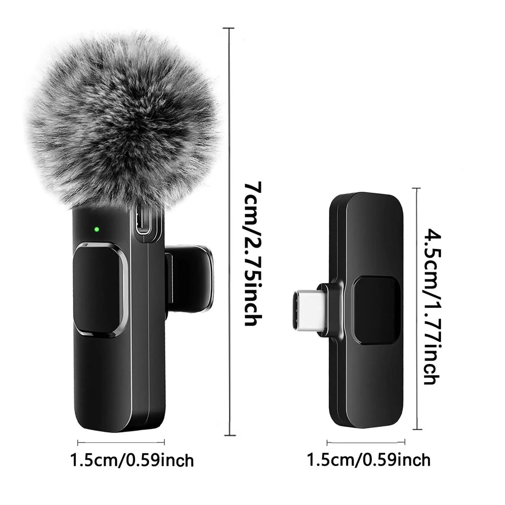 Wireless Lavalier Microphone with Furry Windscreen, Mini Clip-On Mic with Type-C & Lightning Receiver for iPhone, Android, iPad, Tablet & Laptop