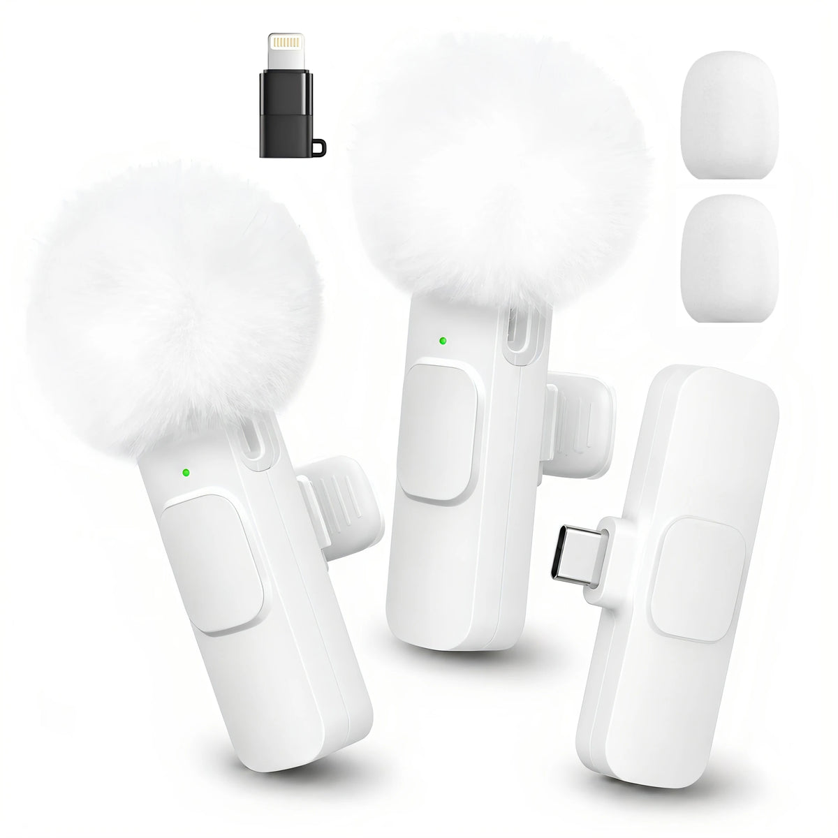 Wireless Lavalier Microphone with Furry Windscreen, Mini Clip-On Mic with Type-C & Lightning Receiver for iPhone, Android, iPad, Tablet & Laptop