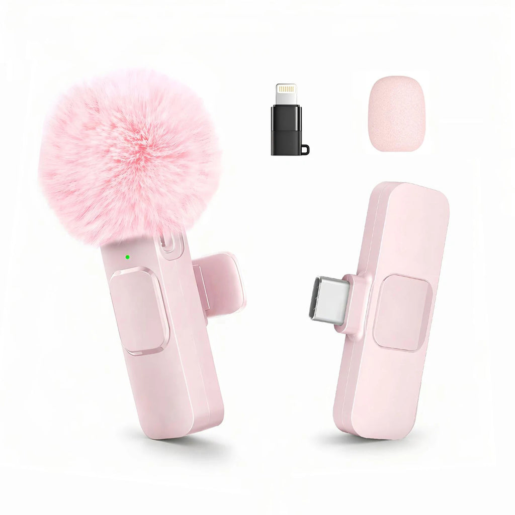 Wireless Lavalier Microphone with Furry Windscreen, Mini Clip-On Mic with Type-C & Lightning Receiver for iPhone, Android, iPad, Tablet & Laptop
