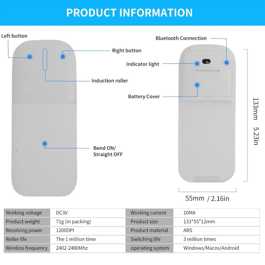 Wireless Ergonomic Mouse Folding Bluetooth Mouse Bluetooth Foldable Wireless Ergonomic Arc Touch Computer Mouse Silent PC Mouse