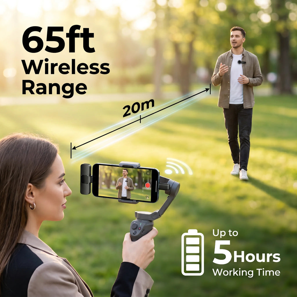Wireless Lavalier Microphone with Furry Windscreen, Mini Clip-On Mic with Type-C & Lightning Receiver for iPhone, Android, iPad, Tablet & Laptop