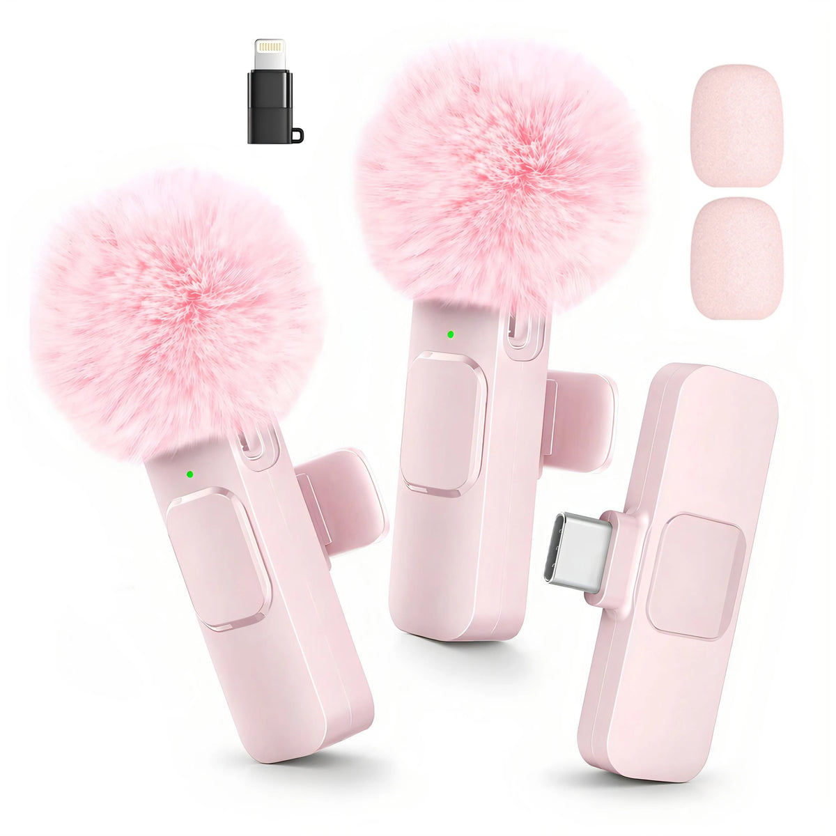 Wireless Lavalier Microphone with Furry Windscreen, Mini Clip-On Mic with Type-C & Lightning Receiver for iPhone, Android, iPad, Tablet & Laptop