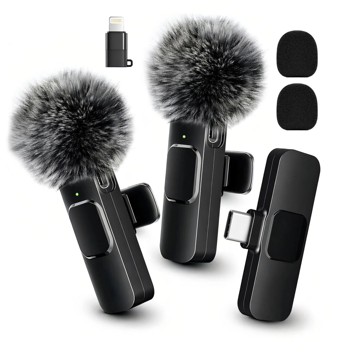 Wireless Lavalier Microphone with Furry Windscreen, Mini Clip-On Mic with Type-C & Lightning Receiver for iPhone, Android, iPad, Tablet & Laptop