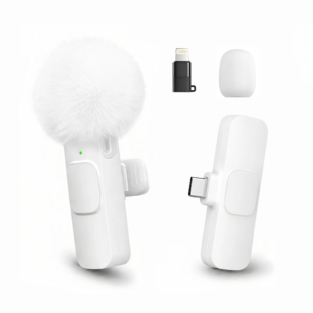 Wireless Lavalier Microphone with Furry Windscreen, Mini Clip-On Mic with Type-C & Lightning Receiver for iPhone, Android, iPad, Tablet & Laptop