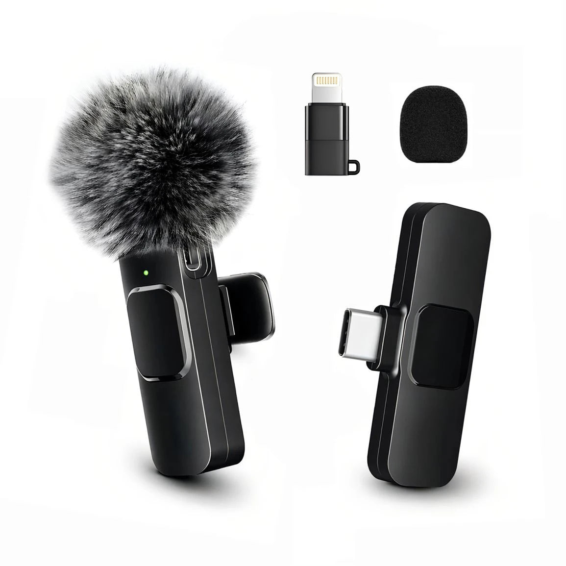 Wireless Lavalier Microphone with Furry Windscreen, Mini Clip-On Mic with Type-C & Lightning Receiver for iPhone, Android, iPad, Tablet & Laptop